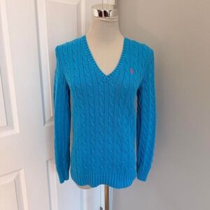 BLUE RALPH LAUREN SPORT V-NECK CABLE KNIT SWEATER
